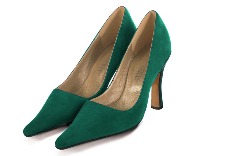 Emerald green women's dress pumps,with a square neckline. Pointed toe. Very high spool heels. Front view - Florence KOOIJMAN